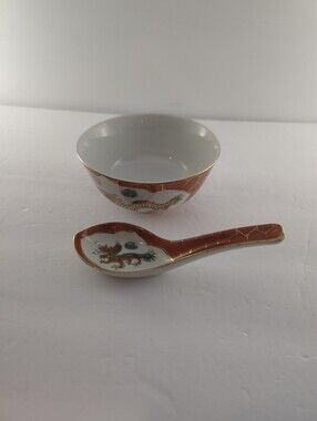 Vintage Japanese Porcelain Kutani-Style Dragon & Phoenix Soup Bowl and Spoon Set